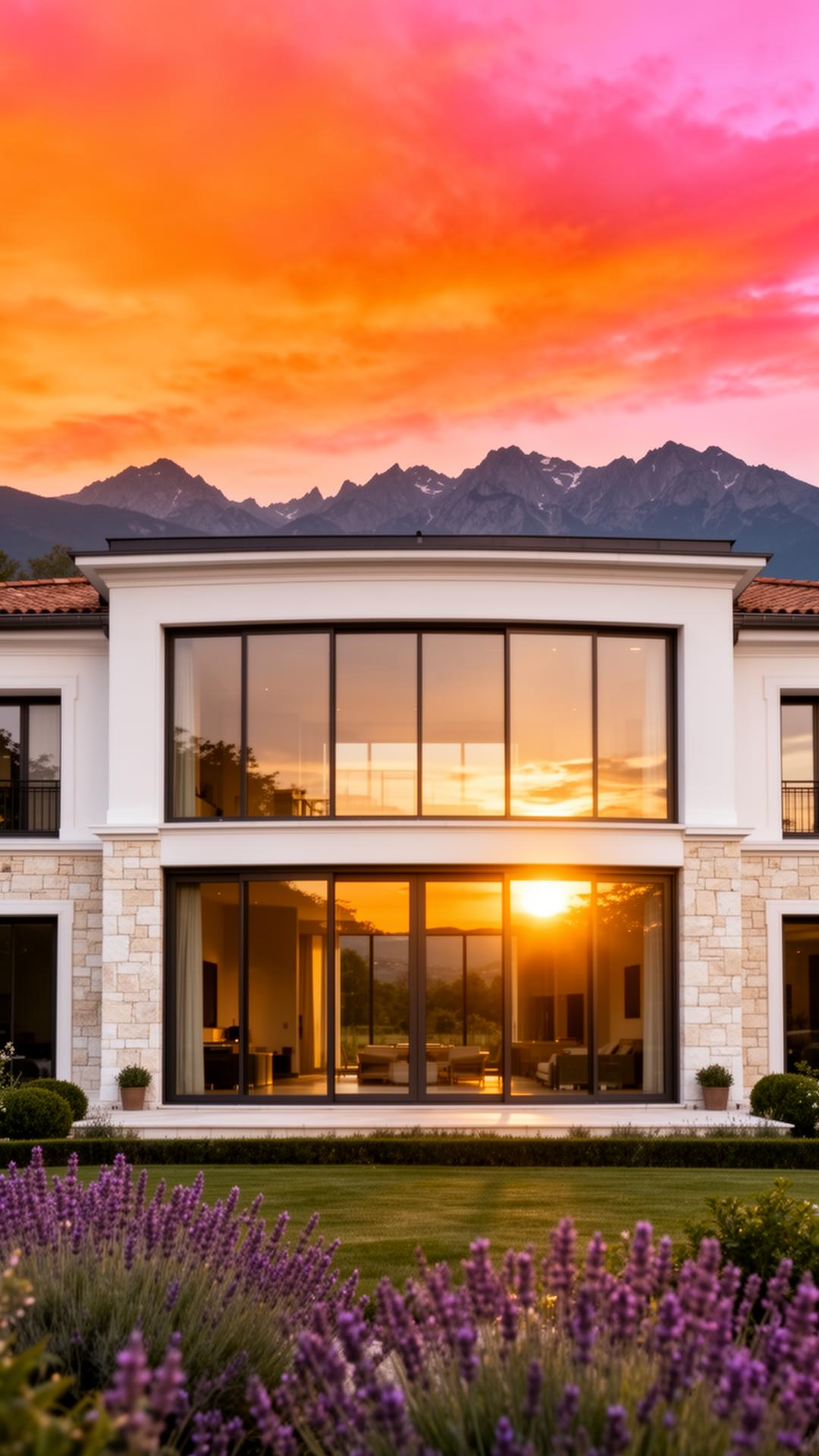 Belle maison moderne au coucher de soleil avec grandes vitres impeccables — laveur de vitres Salies-de-Béarn